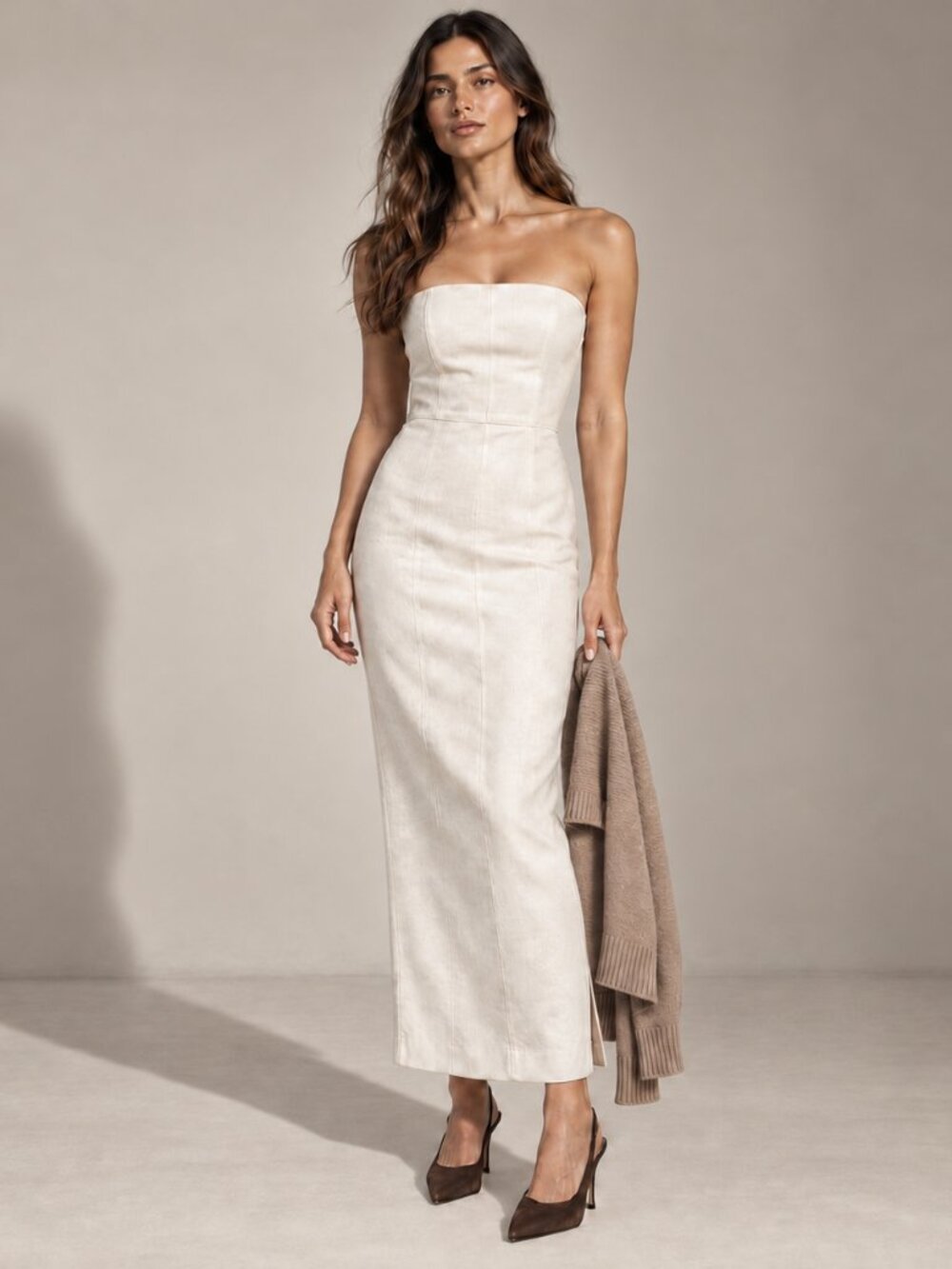 ZARA Strapless Linen Blend Maxi Dress Ivory Cream Fitted Column M NWT